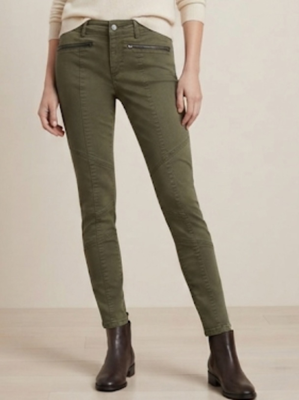 EILEEN FISHER | The Fisher Project Olive Green Zipper Moto Skinny Jeans Size 8